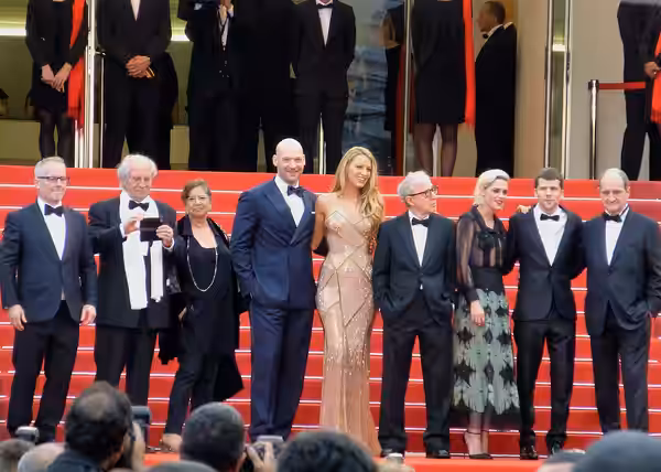 Thierry Fremaux, Director of photography Vittorio Storaro, actor Corey Stoll, actress Blake Lively, director Woody Allen, actress Kristen Stewart and actor Jess (2016)