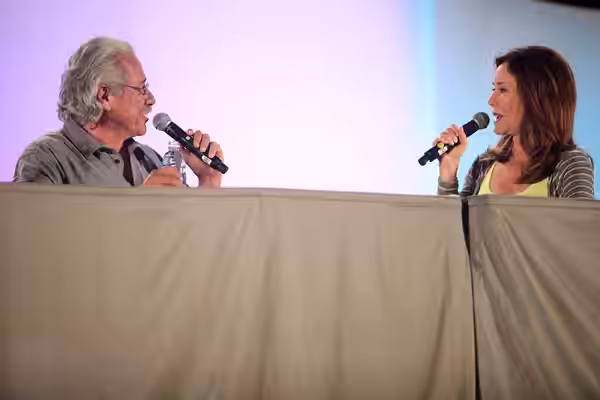 Edward James Olmos and Mary McDonnell speaking at the 2015 Phoenix Comicon at the Phoenix Convention Center in Phoenix, Arizona. Please attribute to Gage Skidmo