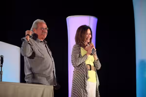 Edward James Olmos and Mary McDonnell speaking at the 2015 Phoenix Comicon at the Phoenix Convention Center in Phoenix, Arizona. Please attribute to Gage Skidmo
