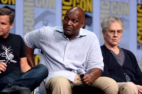 Broderick Johnson and Hampton Fancher speaking at the 2017 San Diego Comic Con International, for "Blade Runner 2049", at the San Diego Convention Center in San