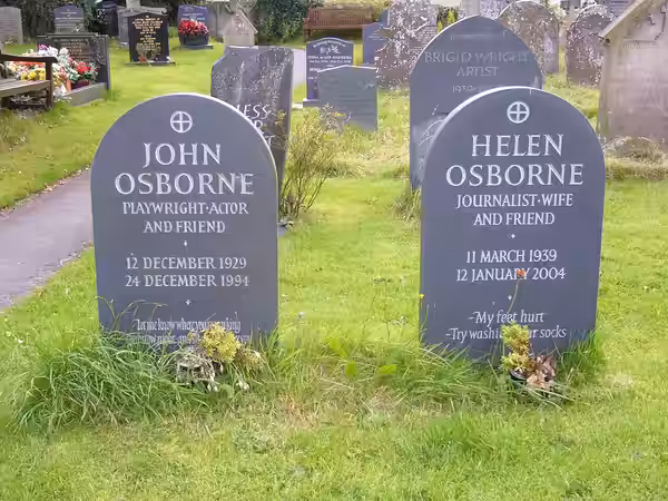 Grave of John Osborne and his fifth wife in St George's churchyard, Clun, Shropshire, UK. (2009)