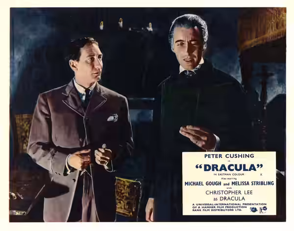 Color lobby card featuring Christopher Lee in the 1958 film Dracula. This image is assumed to be in the public domain as no copyright notice is in evidence.