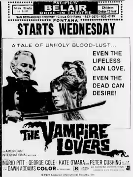 Belair Drive-In theater advertisement for the gothic horror film The Vampire Lovers (1970). From the 24 November 1970 San Bernardino Sun.