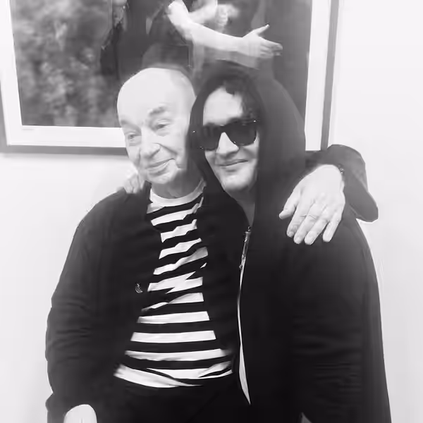 Lindsay Kemp and Tim Arnold attending Kate Bush exhibition, Art Project Space, London, 2016
