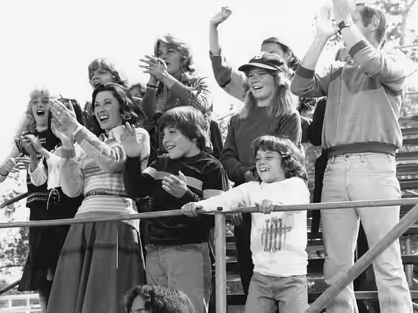 Publicity photo of American actors, (front row; L–R) Elinor Donahue, Christopher "Chris" Ciampa, K.C. Martel, (2nd row; L–R) Julie Anne Haddock, Sunshine Lee, J