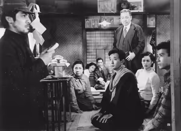 From left to right: Rentarō Mikuni, Akiko Tamura, Nobuo Nakamura, Eijirō Yanagi, Rieko Sumi and Keiji Sada in Honjitsu kyūshin (本日休診) directed by Minoru Shibuya (1952)
