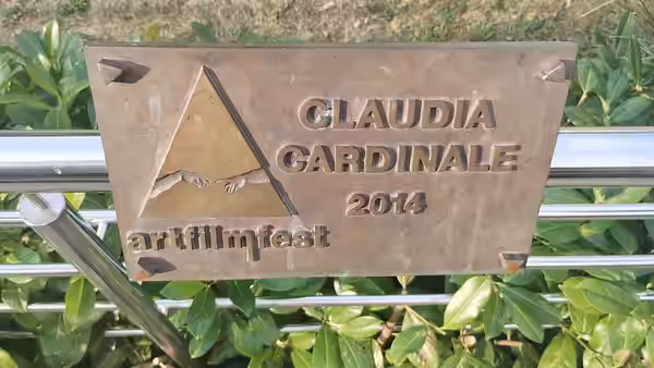 Ceduľa Artist´s Mission Award (Hercova misia) na MFF Art Film pripevnená na novom moste slávy v Trenčianských Tepliciach. (2024)