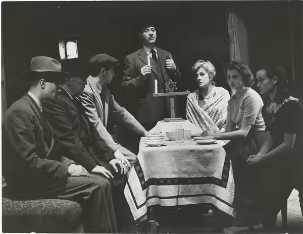 Rossella Falk, Romolo Valli and other actors during the performance of the drama The diary of Anne Frank by Frances Goodrich e Albert Hackett, directed by Giorg (1957)