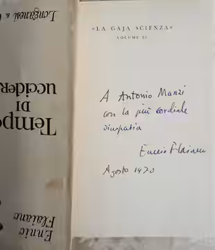 Dedica di Ennio Flaiano sul suo libro "Tempo di uccidere", Longanesi, terza edizione, 1963. La dedica è datata agosto 1970 (coll. Fausta Samaritani-autografi) (2019)