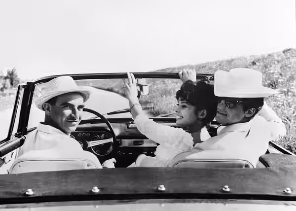 Jean-Paul Belmondo and Pascale Petit (and unknown driver) in Lancia Flaminia cabriolet. This could very well be during recording "Lettere di una novizia" in 196 (1960)