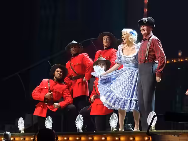 Carol Cleveland and Michael Palin performing the "Lumberjack Song" during the Monty Python Live (Mostly) show. (2014)