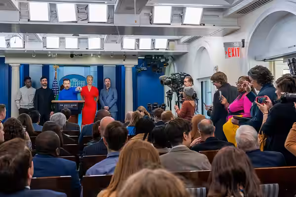 Press Secretary Karine Jean-Pierre is joined by the cast of “Ted Lasso” for a press briefing, Monday, March 20, 2023, in the James S. Brady Press Briefing Room 