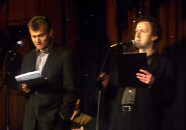 Hugh Dennis (left) and Steve Punt (right) performing The Now Show at the 2005 Radio FestivalThe Now Show at the 2005 Radio Festival