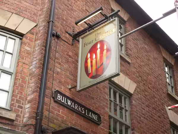 The sign of the Four Candles, a Wetherspoons pub in Oxford named after the Two Ronnies comedy sketch. (2013)
