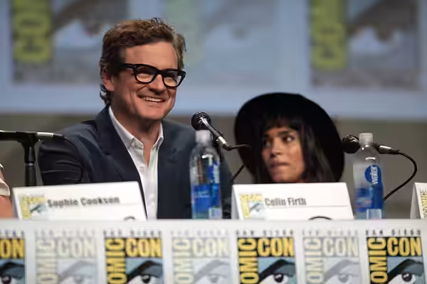 Colin Firth and Sofia Boutella speaking at the 2014 San Diego Comic Con International, for "Kingsman: The Secret Service", at the San Diego Convention Center in