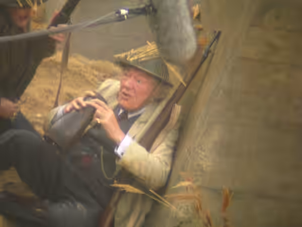 Michael Gambon on the set of Dad's Army in October 2014. Filming took place on the beach at North Landing, Flamborough, East Riding of Yorkshire, England.The sc