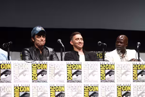 Benicio Del Toro, Lee Pace and Djimon Hounsou speaking at the 2013 San Diego Comic Con International, for "Guardians of the Galaxy", at the San Diego Convention
