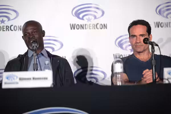 Djimon Hounsou and Jason Patric speaking at the 2016 WonderCon, for "Wayward Pines", at the Los Angeles Convention Center in Los Angeles, California. Please att