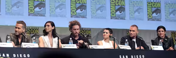 Tim Miller, Ryan Reynolds, Morena Baccarin, T.J. Miller, Brianna Hildebrand, Ed Skrein and Gina Carano speaking at the 2015 San Diego Comic-Con International, f