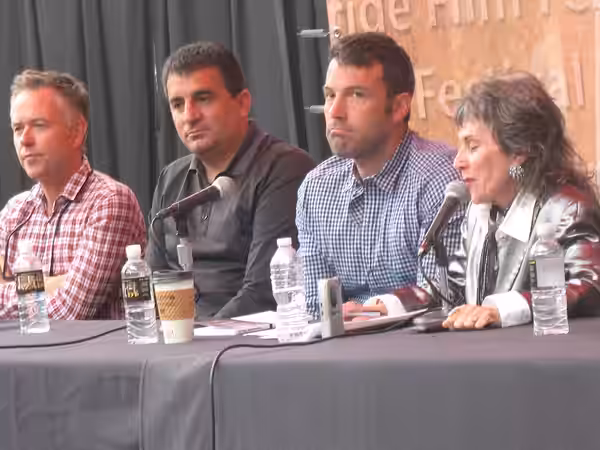 A panel at the Telluride film festival. From left to right: Michael Winterbottom, Dror Moreh, Ben Affleck, and Annette Insdorf. (2012)