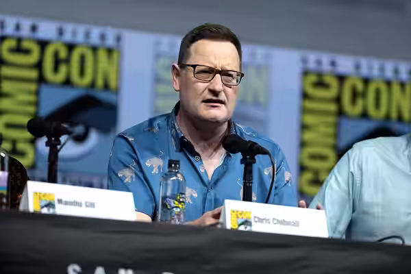 Chris Chibnall speaking at the 2018 San Diego Comic Con International, for "Doctor Who", at the San Diego Convention Center in San Diego, California. Please att