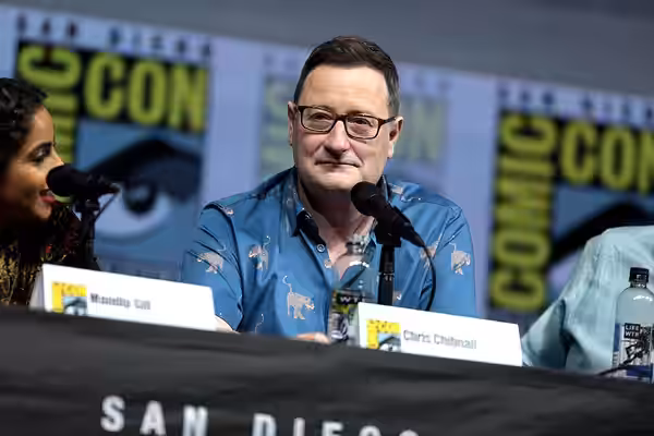Chris Chibnall speaking at the 2018 San Diego Comic Con International, for "Doctor Who", at the San Diego Convention Center in San Diego, California. Please att