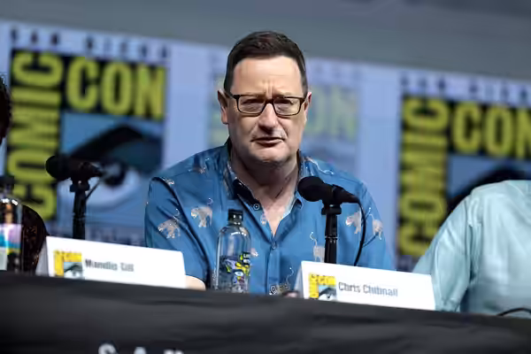 Chris Chibnall speaking at the 2018 San Diego Comic Con International, for "Doctor Who", at the San Diego Convention Center in San Diego, California. Please att