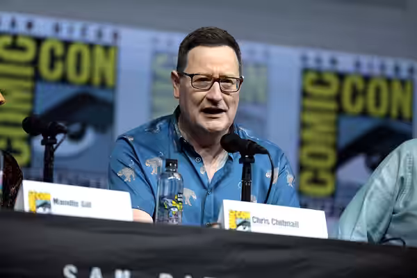 Chris Chibnall speaking at the 2018 San Diego Comic Con International, for "Doctor Who", at the San Diego Convention Center in San Diego, California. Please att