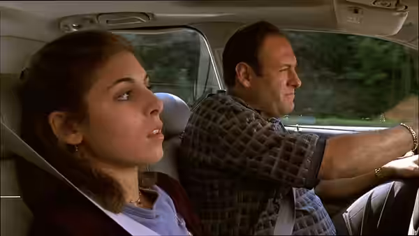 Meadow and Tony Soprano in the car in "College" (2024)