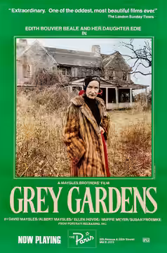 Theatrical release poster for the 1975 documentary film Grey Gardens, promoting 1976 screenings at the Paris Theater in Manhattan. The poster features a portrai