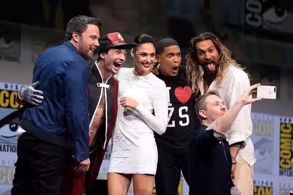 Ben Affleck, Ezra Miller, Gal Gadot, Ray Fisher, Jason Momoa and Chris Hardwick speaking at the 2017 San Diego Comic Con International, for "Justice League", at