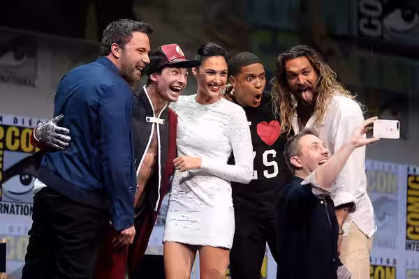 Ben Affleck, Ezra Miller, Gal Gadot, Ray Fisher, Jason Momoa and Chris Hardwick speaking at the 2017 San Diego Comic Con International, for "Justice League", at