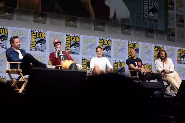 Ben Affleck, Ezra Miller, Gal Gadot, Ray Fisher and Jason Momoa speaking at the 2017 San Diego Comic Con International, for "Justice League", at the San Diego C