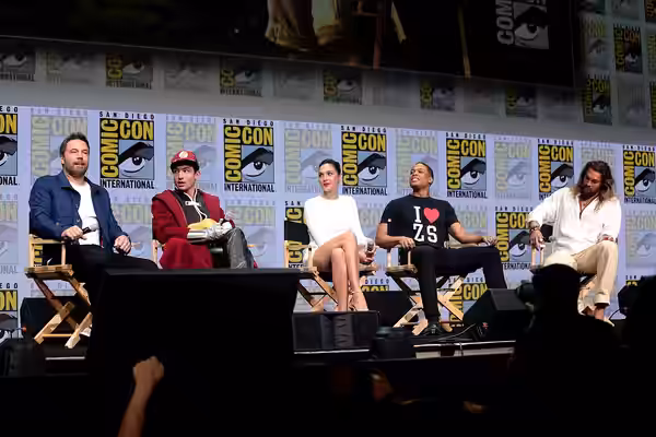 Ben Affleck, Ezra Miller, Gal Gadot, Ray Fisher and Jason Momoa speaking at the 2017 San Diego Comic Con International, for "Justice League", at the San Diego C