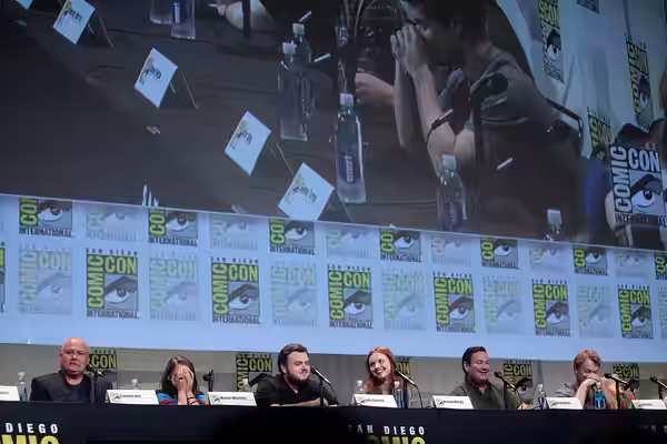 Conleth Hill, Maisie Williams, John Bradley, Hannah Murray, David Nutter and Alfie Allen speaking at the 2015 San Diego Comic Con International, for "Game of Th