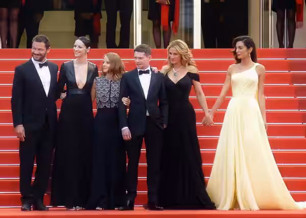 Where's George? Dominic West, Caitriona Balfe, Jodie Foster, Jack O'Connell, Julia Roberts, and Amal Clooney at the world premiere of Money Monster, 2016 Cannes