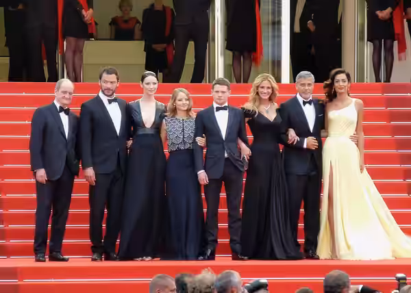 President of the festival Pierre Lescure, actors Dominic West, Caitriona Balfe, producer Jodie Foster, actors Jack O'Connell, Julia Roberts, George Clooney and  (2016)