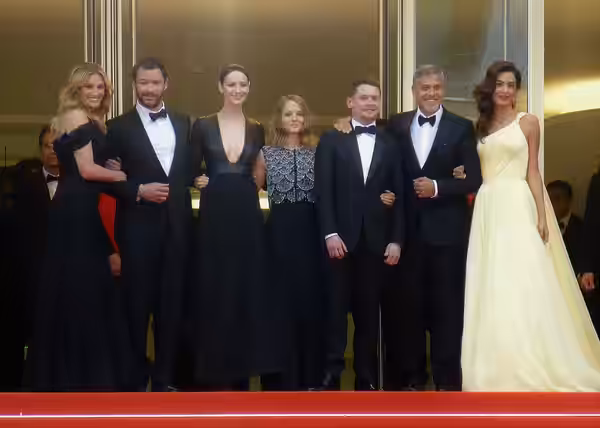 Julia Roberts, Dominic West, Caitriona Balfe, Jodie Foster, Jack O'Connell, George Clooney, Amal Clooney at the world premiere of Money Monster, 2016 Cannes Fil