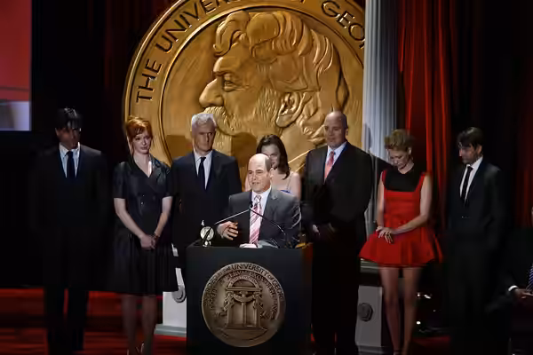 PHOTO CREDIT: ANDERS KRUSBERG / PEABODY AWARDS Jon Hamm, Christina Hendricks, John Slattery, Elisabeth Moss, Matthew Weiner, January Jones and Vincent Karthesie (2008)