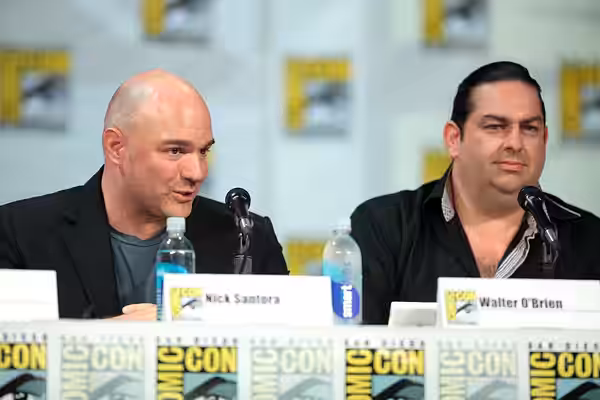 Nick Santora and Walter O'Brien speaking at the 2014 San Diego Comic Con International, for "Scorpion", at the San Diego Convention Center in San Diego, Califor