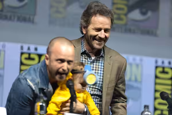 Aaron Paul and Bryan Cranston speaking at the 2018 San Diego Comic Con International, for "Breaking Bad 10th Anniversary Reunion", at the San Diego Convention C