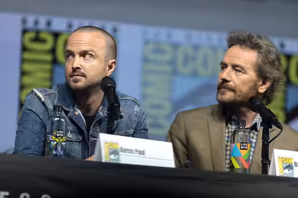 Aaron Paul and Bryan Cranston speaking at the 2018 San Diego Comic Con International, for "Breaking Bad 10th Anniversary Reunion", at the San Diego Convention C