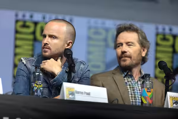 Aaron Paul and Bryan Cranston speaking at the 2018 San Diego Comic Con International, for "Breaking Bad 10th Anniversary Reunion", at the San Diego Convention C