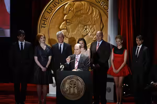 PHOTO CREDIT: ANDERS KRUSBERG / PEABODY AWARDS Jon Hamm, Christina Hendricks, John Slattery, Matthew Weiner, Elisabeth Moss, Matthew Weiner, January Jones and V (2008)