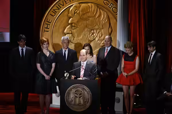 PHOTO CREDIT: ANDERS KRUSBERG / PEABODY AWARDS Jon Hamm, Christina Hendricks, John Slattery, Elisabeth Moss, Matthew Weiner, January Jones and Vincent Karthesie (2008)