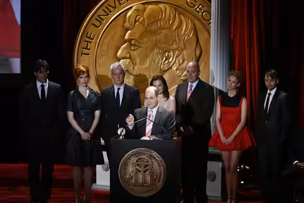 PHOTO CREDIT: ANDERS KRUSBERG / PEABODY AWARDS Jon Hamm, Christina Hendricks, John Slattery, Matthew Weiner, Elisabeth Moss, Matthew Weiner, January Jones and V (2008)