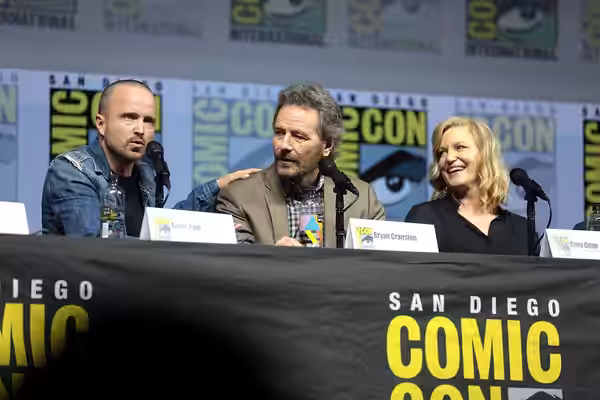 Aaron Paul, Bryan Cranston and Anna Gunn speaking at the 2018 San Diego Comic Con International, for "Breaking Bad 10th Anniversary Reunion", at the San Diego C