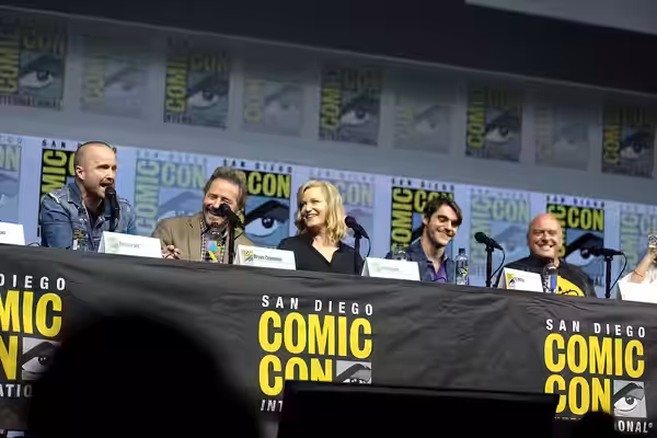 Aaron Paul, Bryan Cranston, Anna Gunn, RJ Mitte and Dean Norris speaking at the 2018 San Diego Comic Con International, for "Breaking Bad 10th Anniversary Reuni