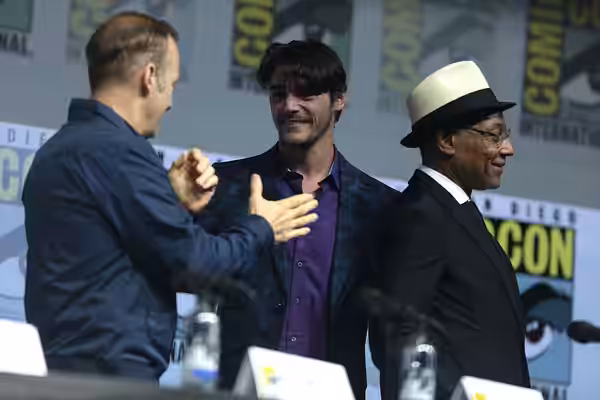 Bob Odenkirk, RJ Mitte and Giancarlo Esposito speaking at the 2018 San Diego Comic Con International, for "Breaking Bad 10th Anniversary Reunion", at the San Di