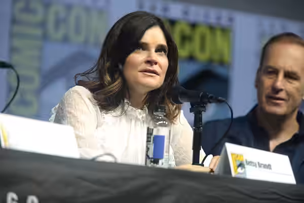 Betsy Brandt speaking at the 2018 San Diego Comic Con International, for "Breaking Bad 10th Anniversary Reunion", at the San Diego Convention Center in San Dieg